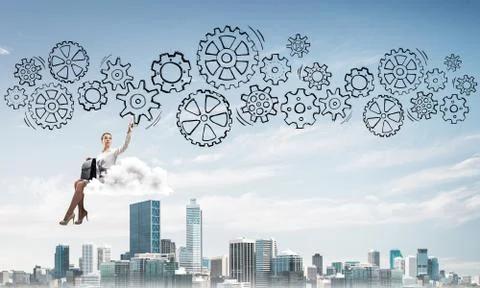 Business lady float on cloud touching drawn gear mechanism 스톡 사진