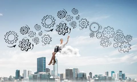 Business lady float on cloud touching drawn gear mechanism Stockfoto's