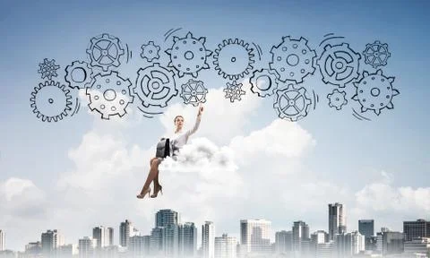 Business lady float on cloud touching drawn gear mechanism Foto stock