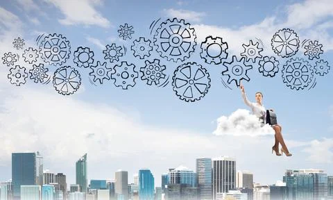 Business lady float on cloud touching drawn gear mechanism Stockfoto's