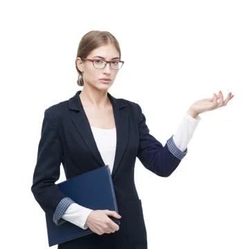 Business lady with the folder represents the project. Isolated on white Stock Photos