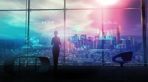 Business lady is looking at data on a virtual interface, 3D render. Stock Illustration