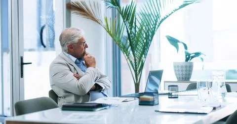 Business, laptop and problem solving with mature man in office for corporate Foto stock