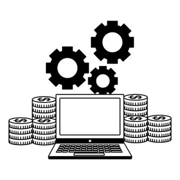 Business laptop stack coins money gears Illustrazione stock