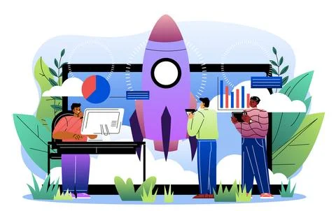 Business launch with analytics concept. Vector illustration Illustrazione stock