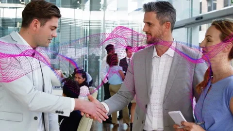 Business lead introducing, men moving to firm shake, woman holding tablet, Stock Footage 333936379