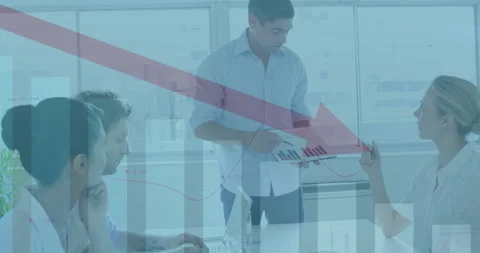 Business lead shifting folder toward colleague pointing bar charts, team Stock Footage 313307664