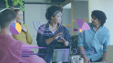Business lead starting update, gesturing to explain data, animated charts Stock Footage 335316783