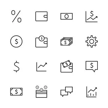 Business line icons set. It contains dollar symbols, gears, money, wallet, cr Stock Illustration