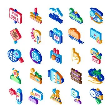Business logistics technology communication commerce isometric icon set Stock Illustration