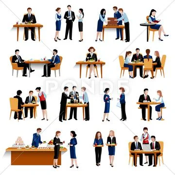 Business lunch pause flat icons collection Stock Illustration