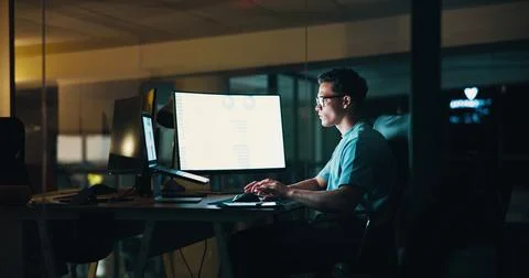 Business, man and computer screen with laptop at night for trading algorithms Stock Photos