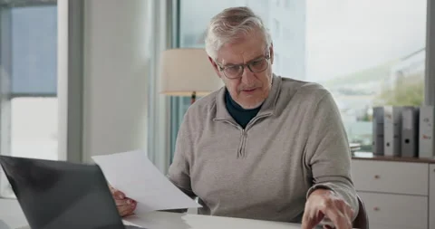 Business, man and document with laptop in office for error, review article and Stock Footage 316696037