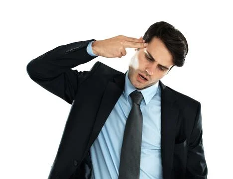 Business, man and gun gesture for depression, financial crisis and employee Stock Photos