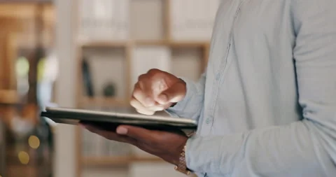 Business, man and hands scroll on tablet in office for productivity, planning Video stock 235947785