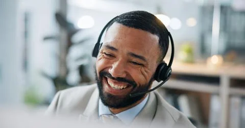 Business, man and headset with computer at call centre, customer service and Stock Photos