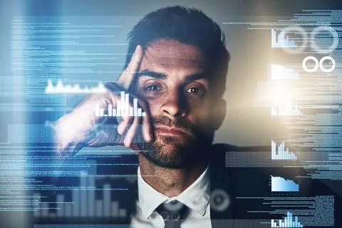 Business, man and portrait in coding with overlay for cyber security Stock Photos