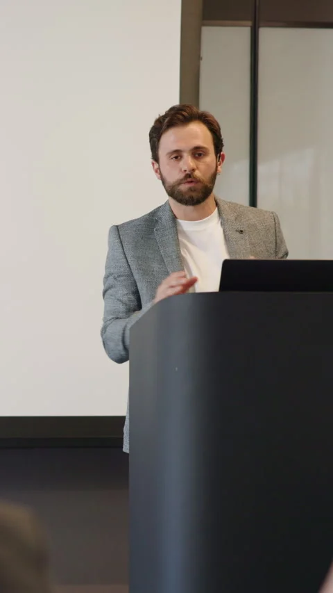 Business, man and presentation with speech in office for discussion, training Stock Footage 334048413