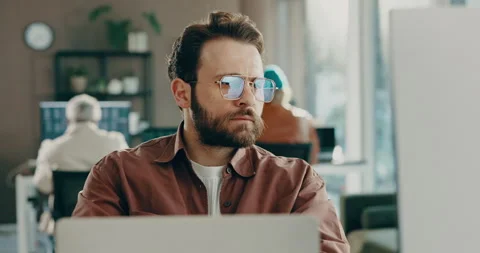 Business, man and reading on computer in office for research, review article and Stock Footage 316121649