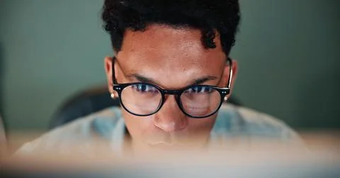 Business, man and reading on computer in office of research, feedback email and Stock Photos