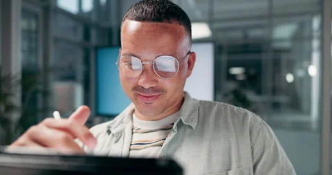 Business, man and scroll on tablet in office for database management, data Stock Footage 303450712
