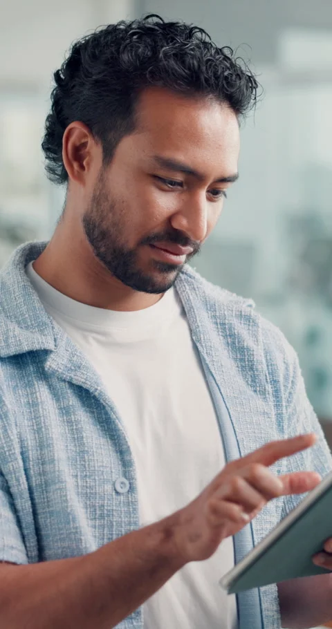 Business, man and scroll with tablet in office for design review, app testing or Stock Footage 325988842