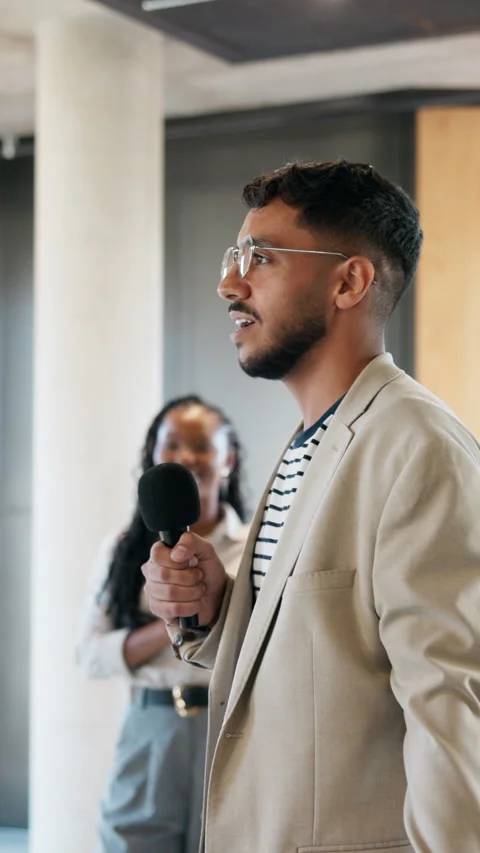 Business, man and speaker with microphone for workshop, professional development Stock Footage 334033459