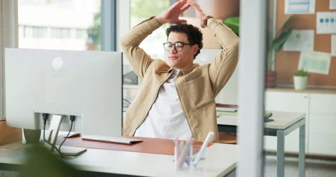 Business, man and stretching with computer in office for work break, completed Stock Footage 318774653