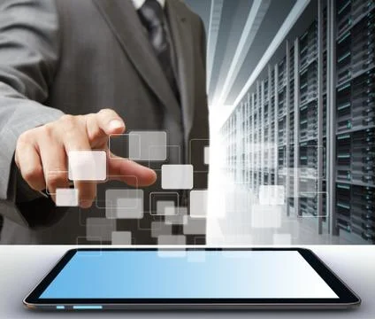 Business man and tablet computer in server room Stock Illustration