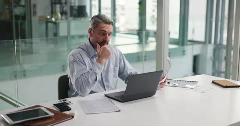 Business, man and thinking with document in office for payroll, finance mistake Stock Footage 316470805