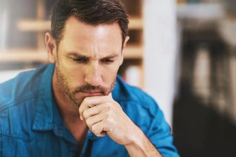 Business, man and thinking for problem solving in office with doubt, confused or Stock Photos