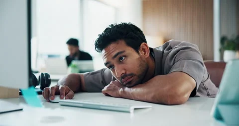 Business, man and tired at computer in office for article burnout, mental Stock Footage 329458971