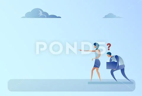 Business Man And Woman With Question Mark Point Finger Show Direction Problem Stock Illustration