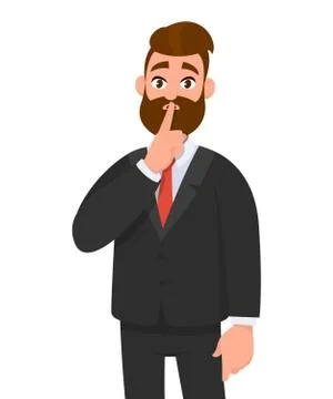 Business man asking silence please. Keep quiet. Man closed  his mouth with fi Stock Illustration