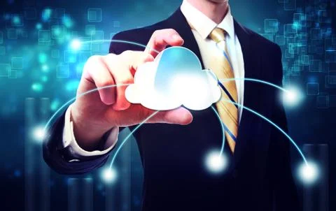 Business man with blue cloud computing concept Stock Photos