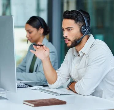 Business man, call center pc and web support communication at a computer in a 스톡 사진