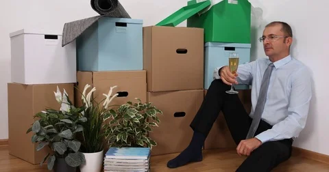 Business Man Celebrating Alone New Home Property Move Drinking Luxury Champagne Stock Footage