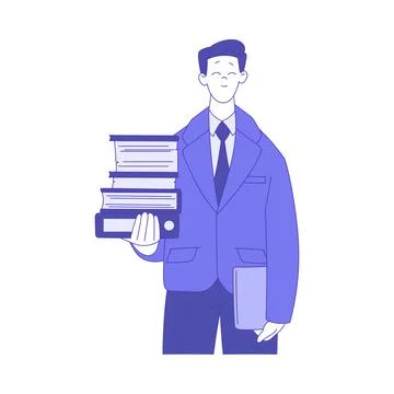 Business Man Character Standing with Stack of Folders Vector Illustration Illustrazione stock