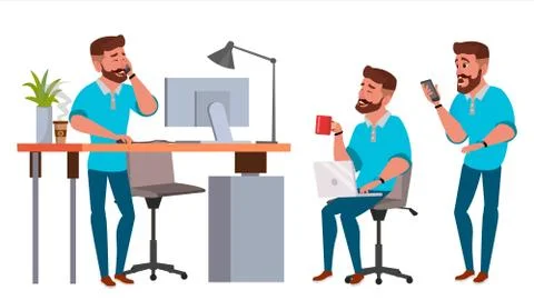 Business Man Character Vector. Working Man. Bearded. Environment Process Crea Stock Illustration