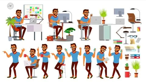 Business Man Character Vector. Working Hindu People Set. Office, Creative Studio 스톡 일러스트