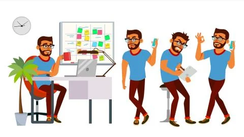 Business Man Character Vector. Working Hindu, Man. Team Room. Brainstorming Stockillustratie