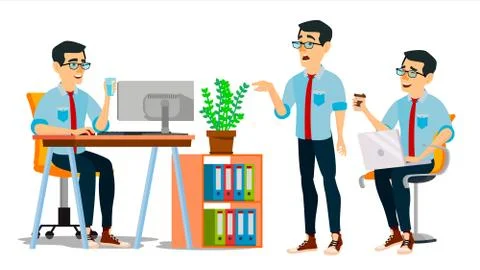 Business Man Character Vector. Working Asian Man. Asiatic. Environment Process Illustrazione stock