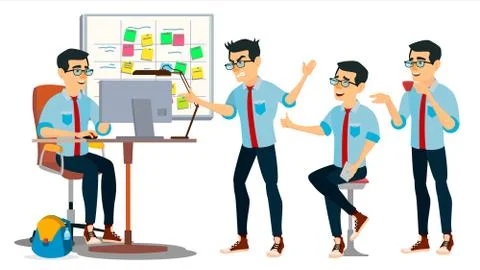 Business Man Character Vector. Working Asian, Man. Team Room. Asiatic Illustrazione stock