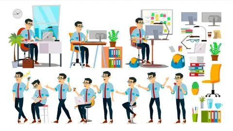 Business Man Character Vector. Working Asian People Set. Office, Creative Studio Illustrazione stock