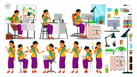 Business Man Character Vector. Working Hindu People Set. Office, Creative Studio Stock Illustration