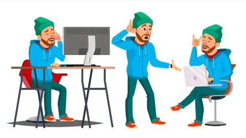 Business Man Character Vector. Working Man. Bearded. Environment Process Stock Illustration