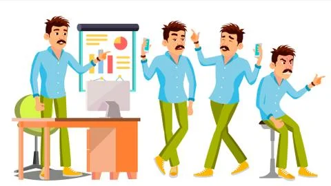 Business Man Character Vector. Working Male. Environment Process. Start Up Illustrazione stock