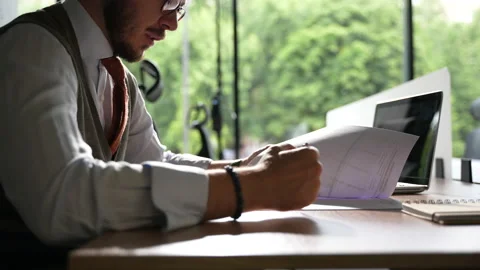 Business man checking documents in office closeup. Man hand analyze report Stock Footage 218310396