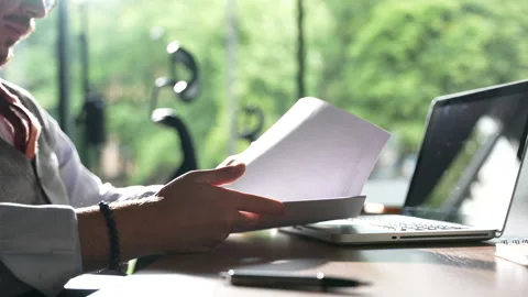 Business man checking documents in office closeup. Man hand analyze report Stock Footage 218310451