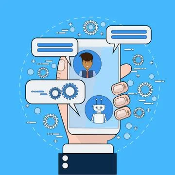 Business Man Communicating With Chatbot Using Smart Phone Modern Chatter Illustrazione stock